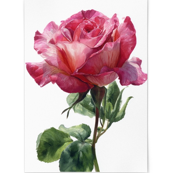 Watercolor Single Pink Rose Wall Art Print, Unframed - Delicate Floral Elegance - Picture 2 of 6